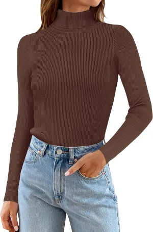 ZESICA Women's Turtleneck Long Sleeve Shirts Spring Basic Tops Slim Fitted Ribbed Knit Sweater