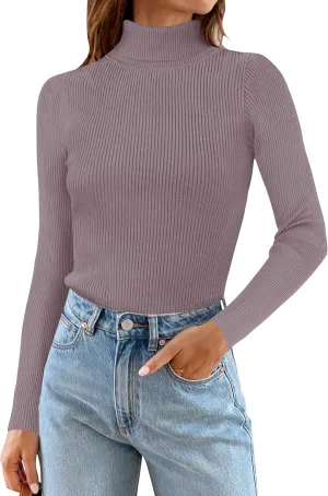 ZESICA Women's Turtleneck Long Sleeve Shirts Spring Basic Tops Slim Fitted Ribbed Knit Sweater