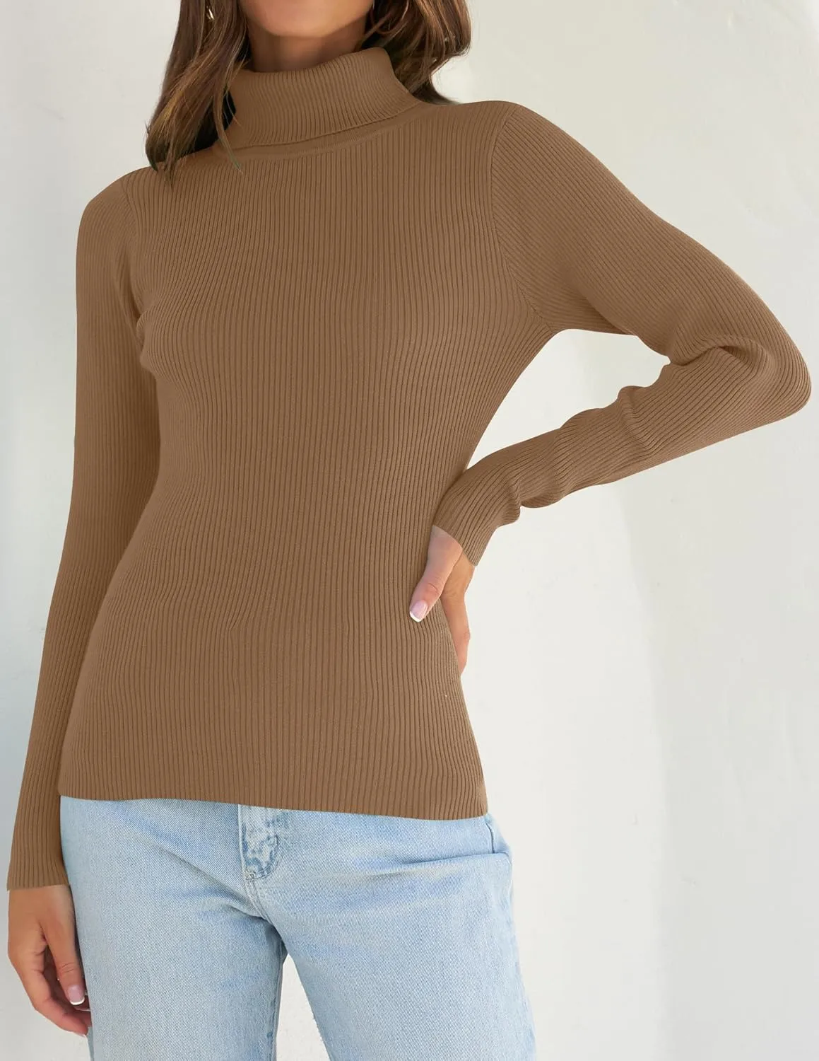 ZESICA Women's Turtleneck Long Sleeve Shirts Spring Basic Tops Slim Fitted Ribbed Knit Sweater